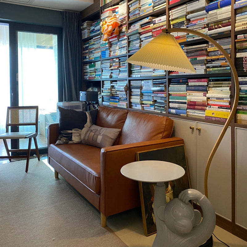 Ozawa LED Floor Lamp in a cozy living room with bookshelf. Ozawa Unique LED Floor Lamp Wood/Metal Bedroom/Living Room