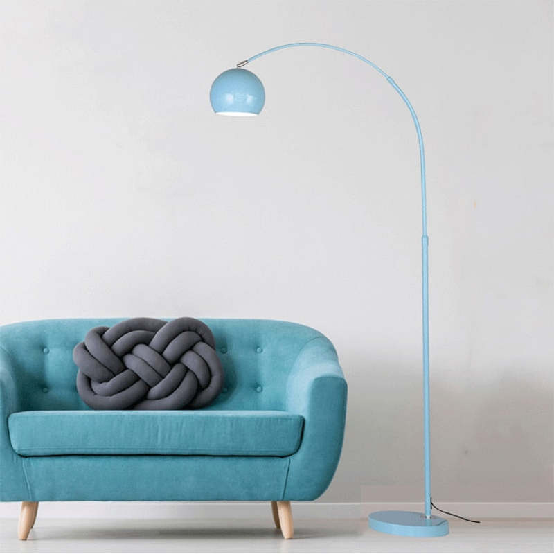 Blue Morandi arc floor lamp next to sofa. Las Sola Morandi Modern Fishing 1 Light Arc Floor Lamp Metal