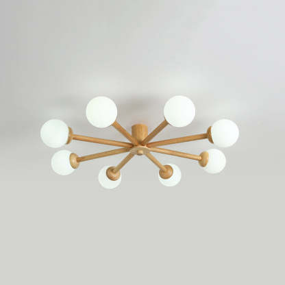 Ozawa 8-head ceiling light, wood and glass