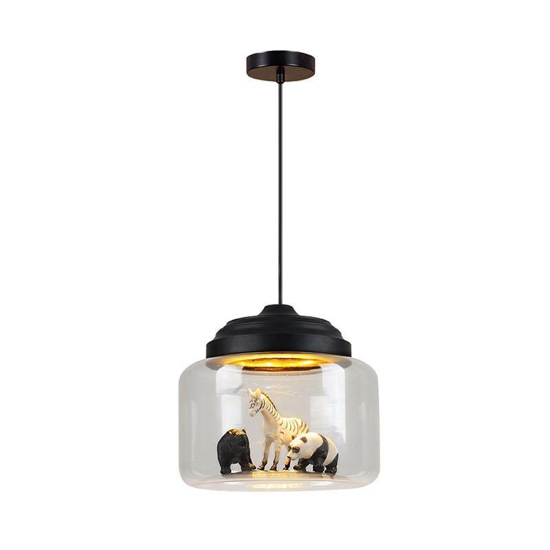 Leilani pendant light with zebra, bear and panda figurines.