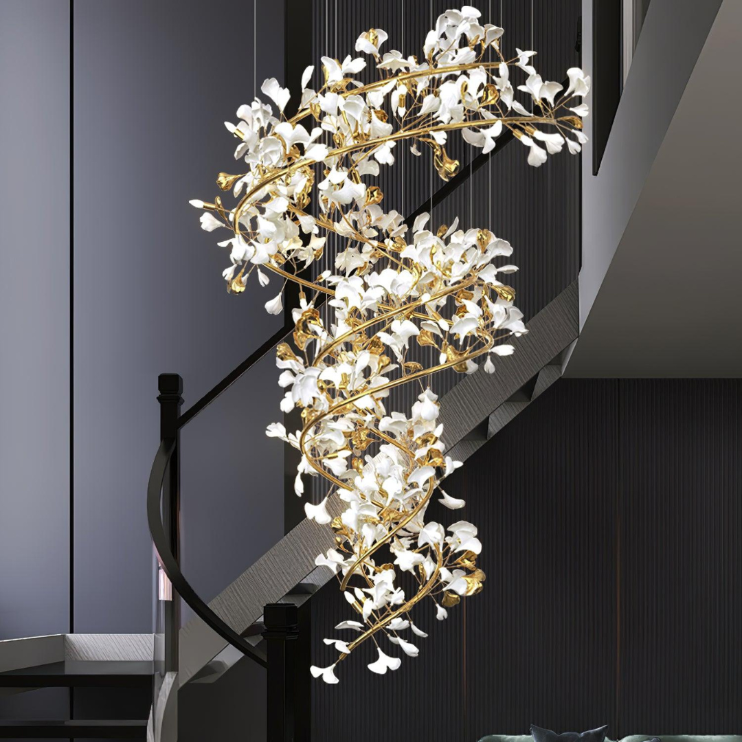 Olivia Chandelier: Staircase lighting with gold and white floral design