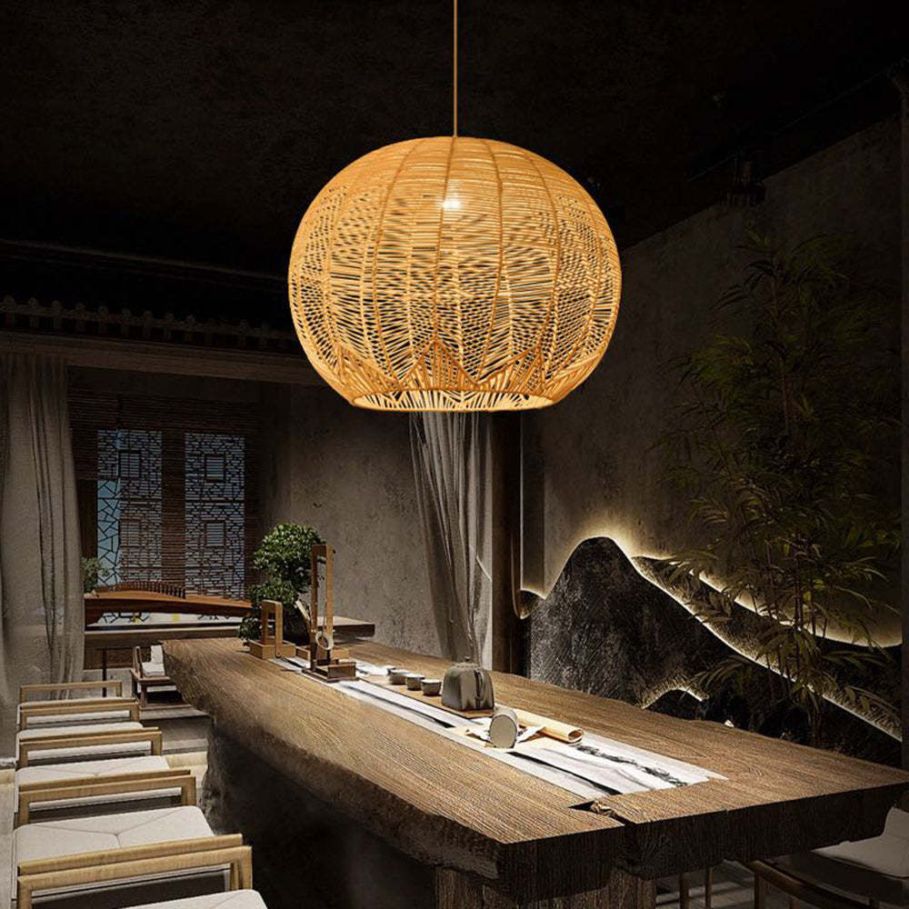 Rattan Pendant Light over Dining Table, Las Sola Lighting