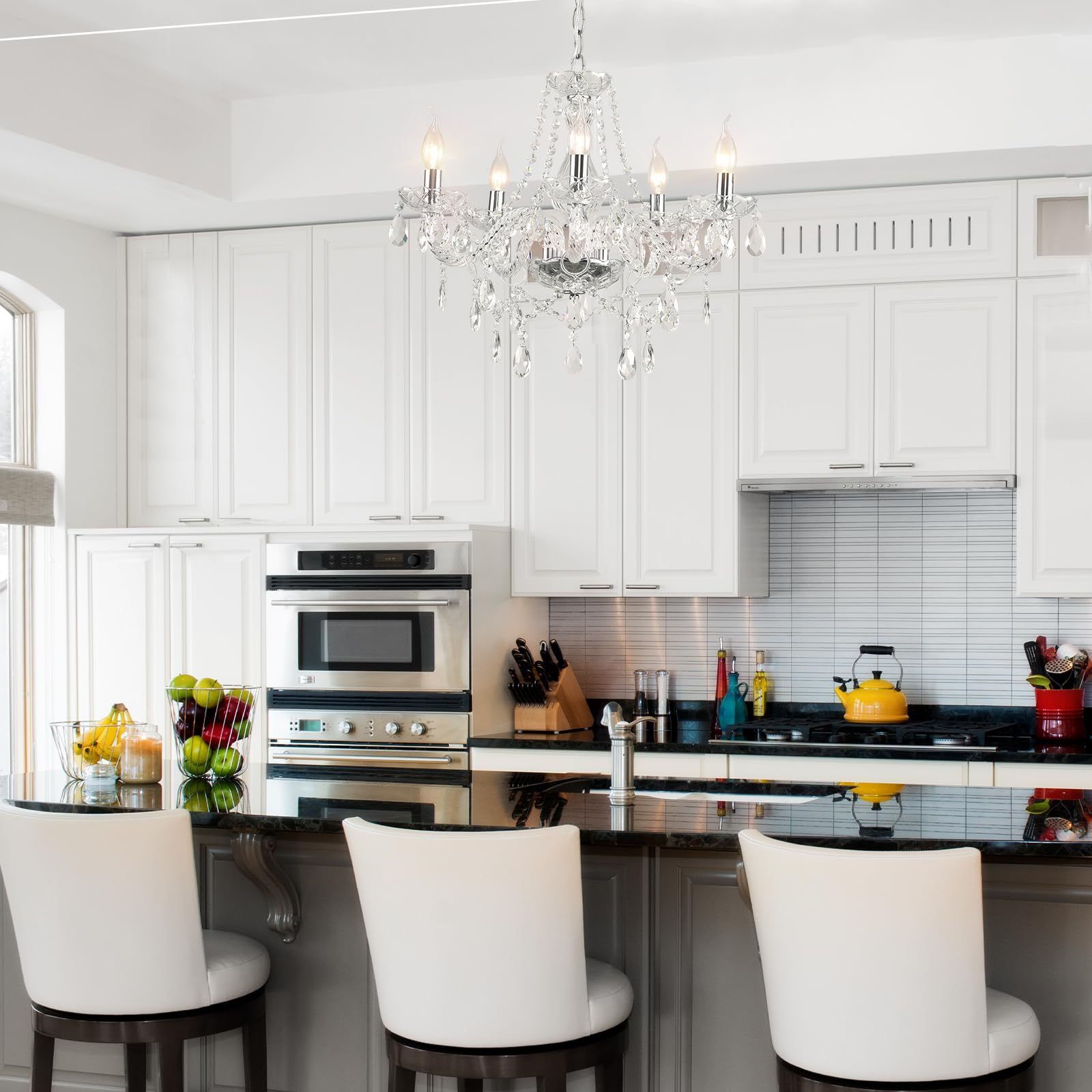 Crystal Chandelier over Kitchen Island