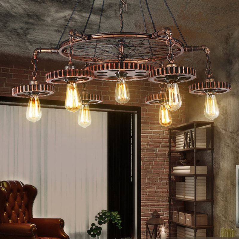 Bronze gear ring pendant light, Alessio industrial style.