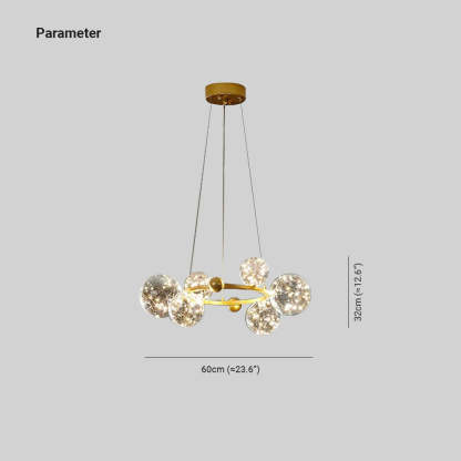 Valentina Chandelier dimensions: 60cm wide, 32cm tall. Valentina Art Deco Globe Metal Glass Chandelier