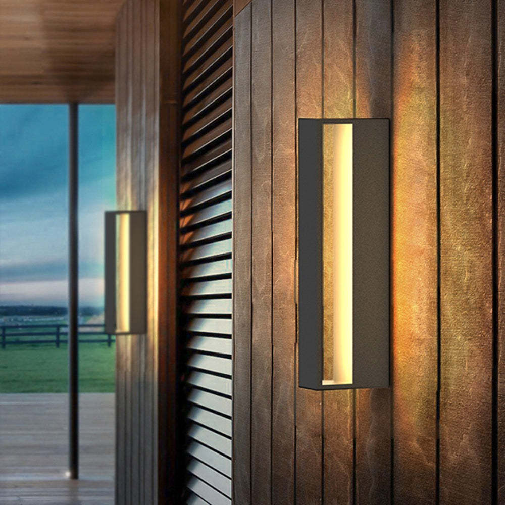 Orr Modern Outdoor Wall Lamp illuminating wooden wall