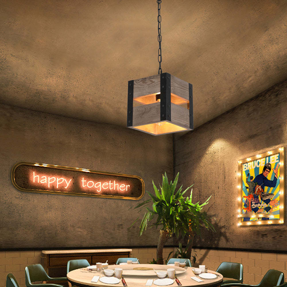 Wood pendant light over restaurant table; Happy Together neon art
