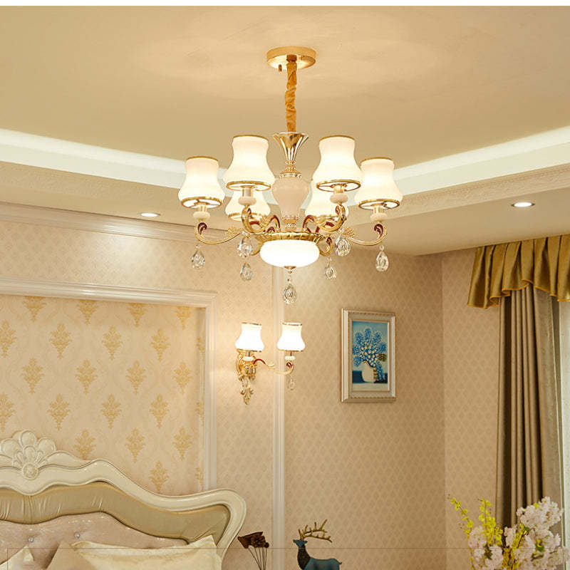 Alessio Retro Pendant Light with crystal drops in bedroom setting.