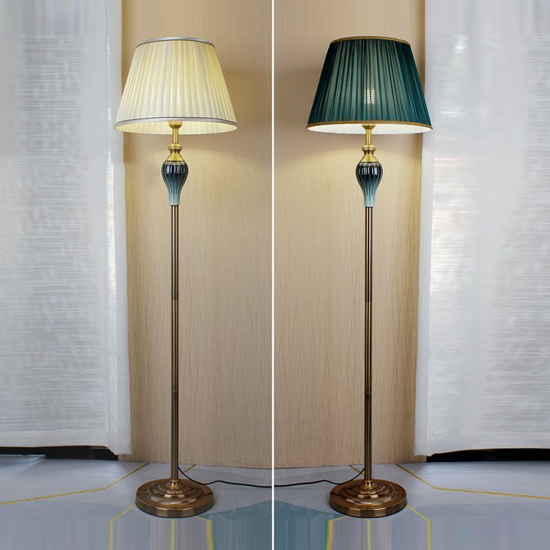 Eryn Antique Floor Lamp: Beige & Green Fabric Shade