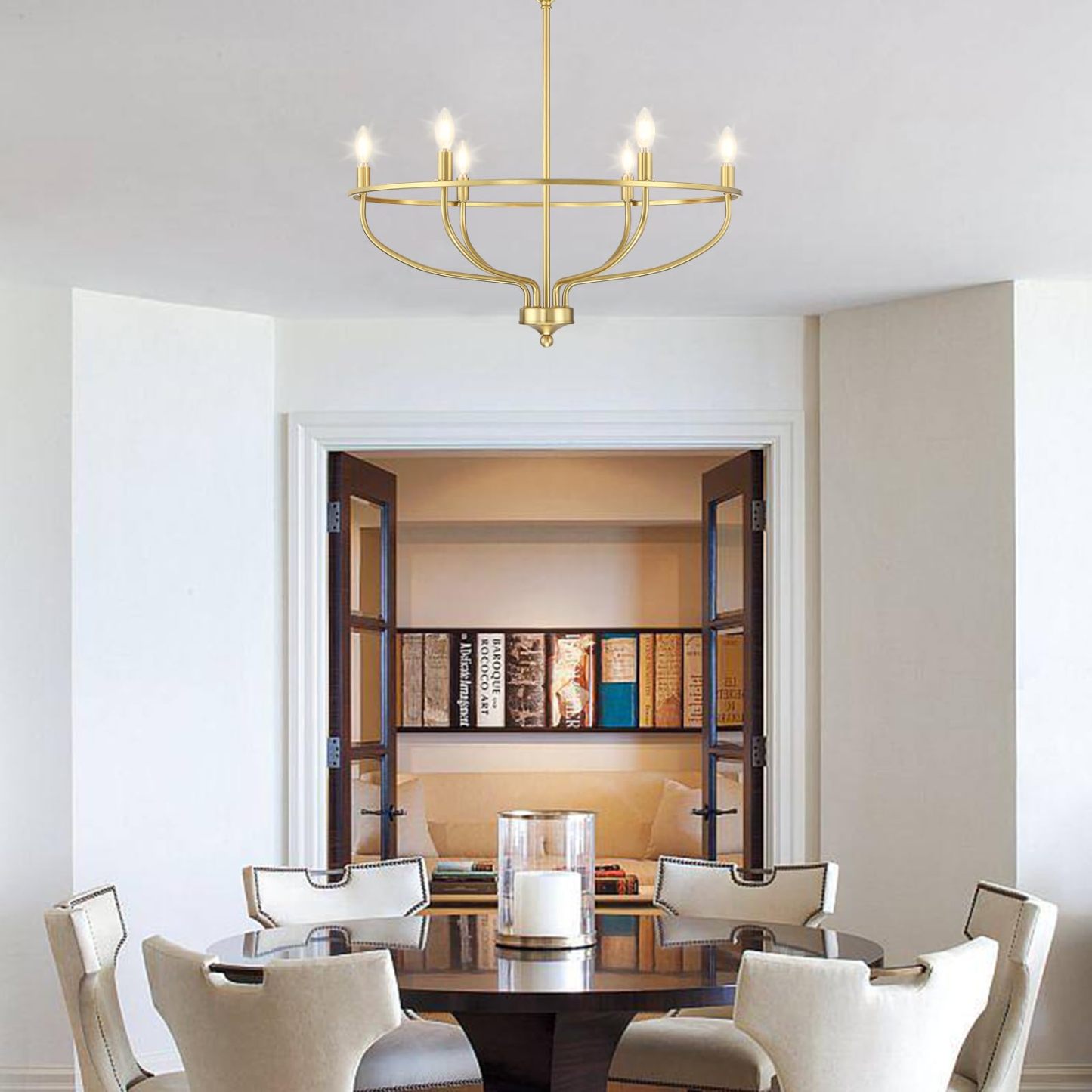 Gold Silva Chandelier over a dining room table
