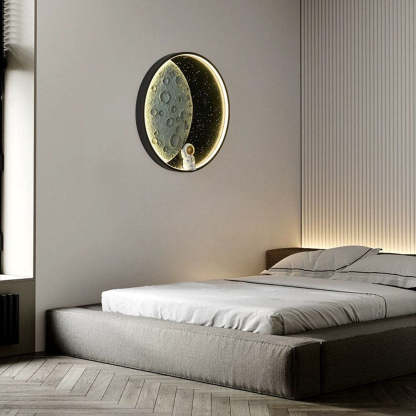 Elif Astronaut Moon Lamp above bed. Kids room wall lighting.