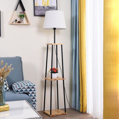 Eryn floor lamp with shelves and fabric shade in a living room.