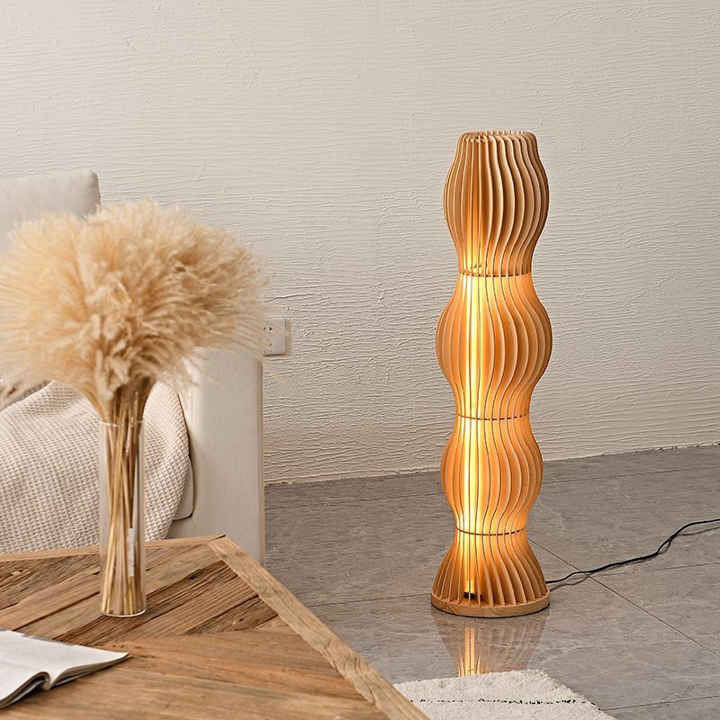 Modern wooden Ozawa floor lamp in a warmly lit living room. Ozawa Floor Lamp Unique Modern, Wooden Creative