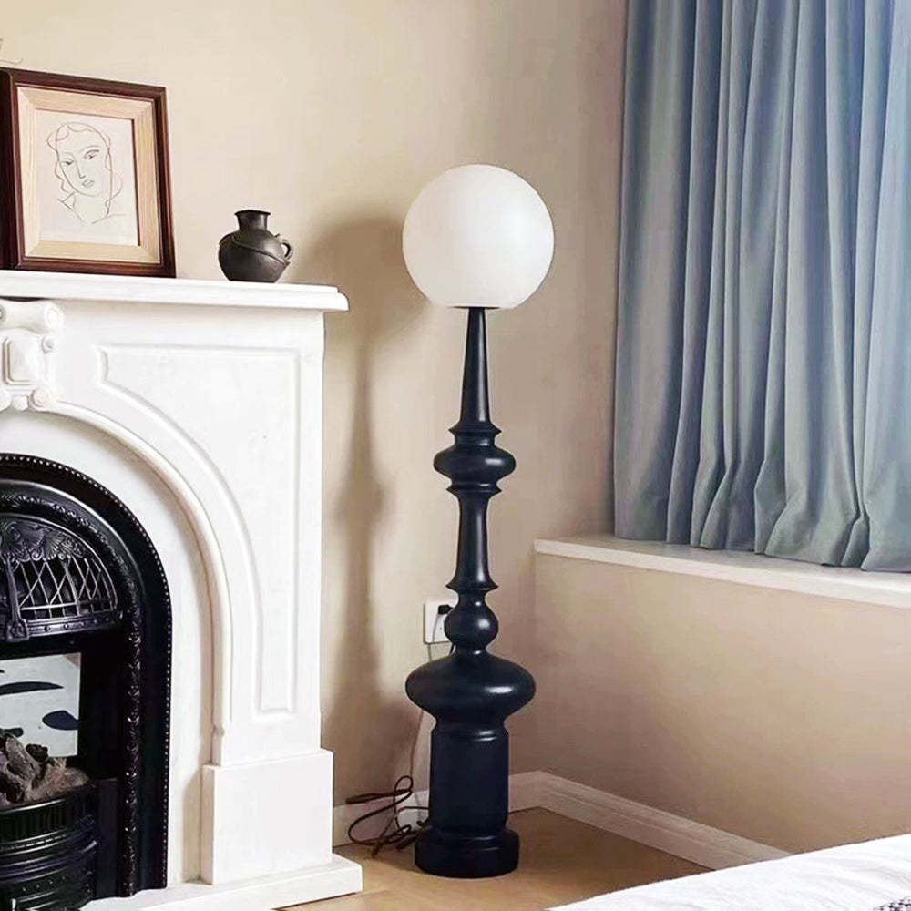 Salgado Retro Floor Lamp in bedroom with fireplace and curtain