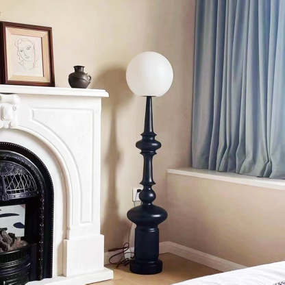 Salgado Retro Floor Lamp in bedroom with fireplace and curtain