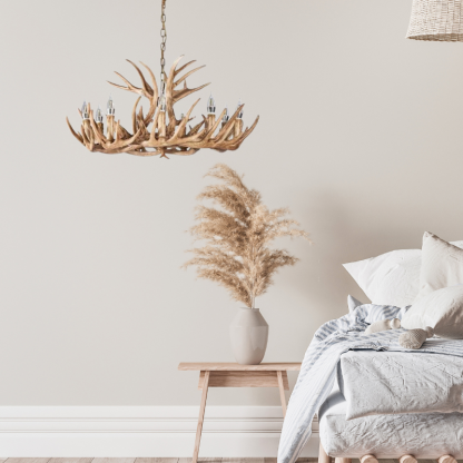 Deer antler chandelier in cozy bedroom
