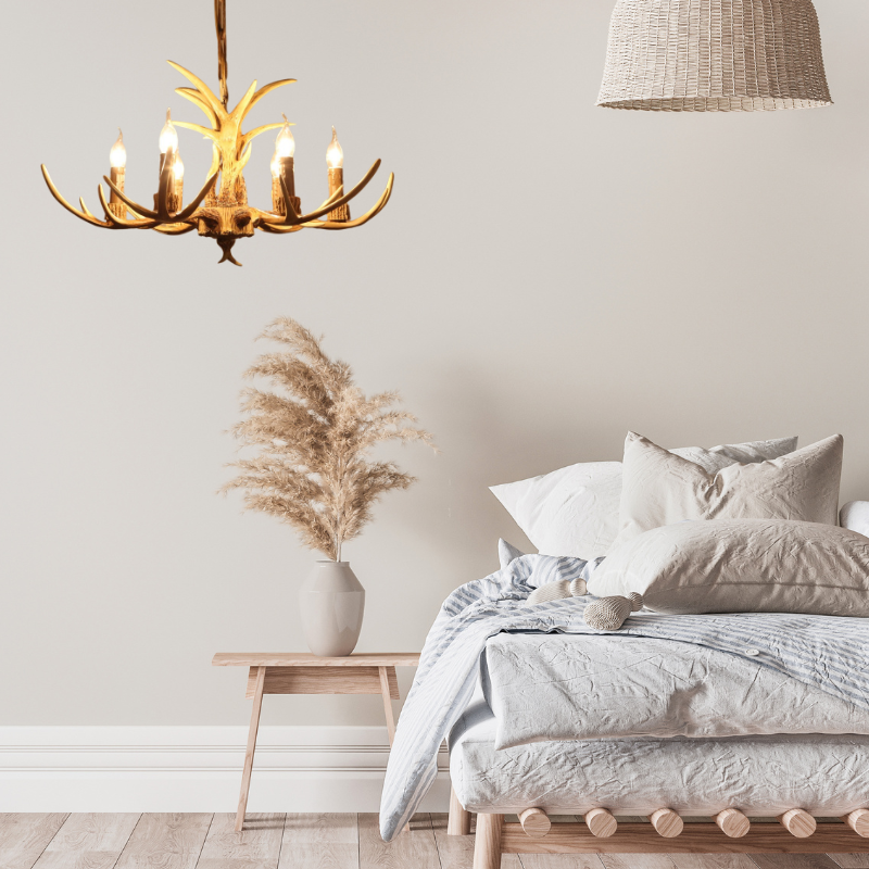 Deer Antler Chandelier in Minimalist Bedroom Lighting