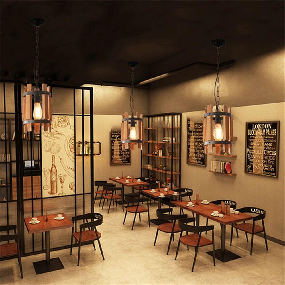 Retro wood and metal pendant lights in a dining room setting