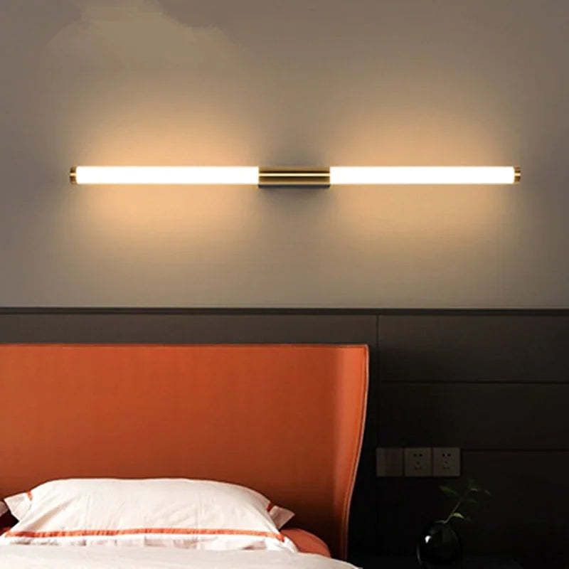 Leigh minimalist linear wall lamp in bedroom setting