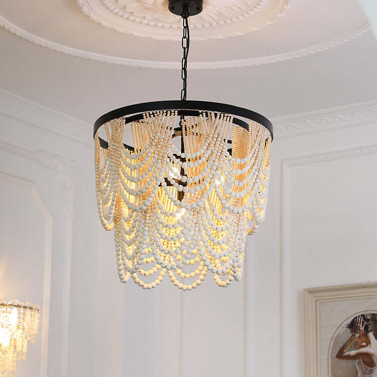 Alessio pendant light with wood beads, Boho chandelier