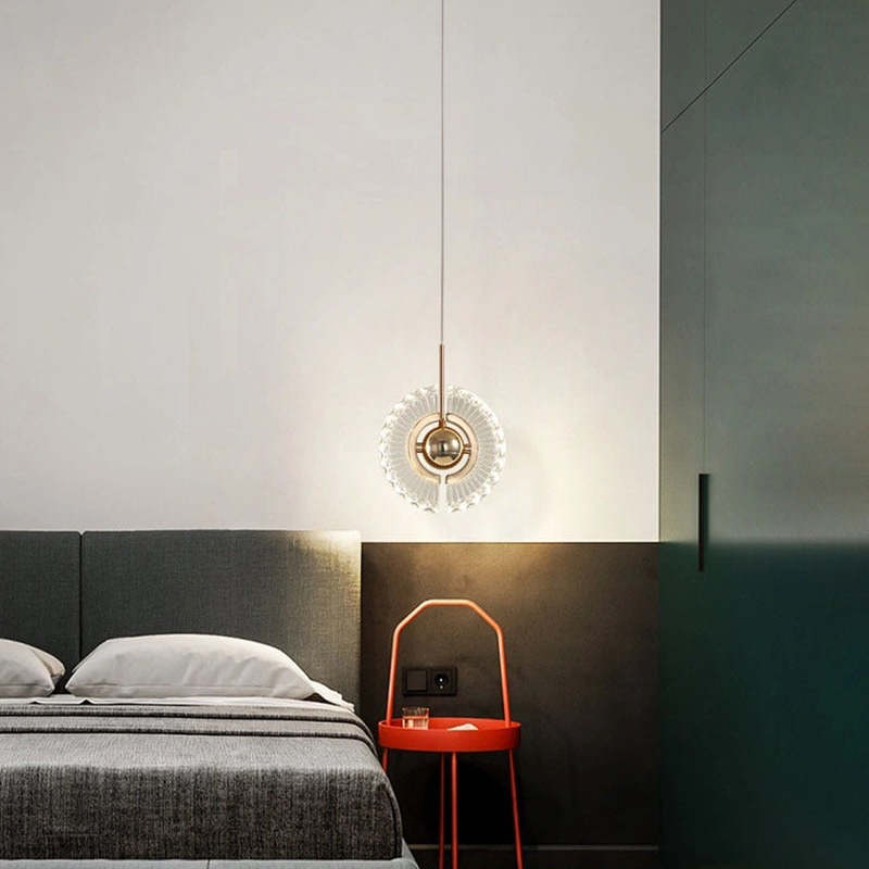 Kristy Nordic pendant light in bedroom, gold and crystal design