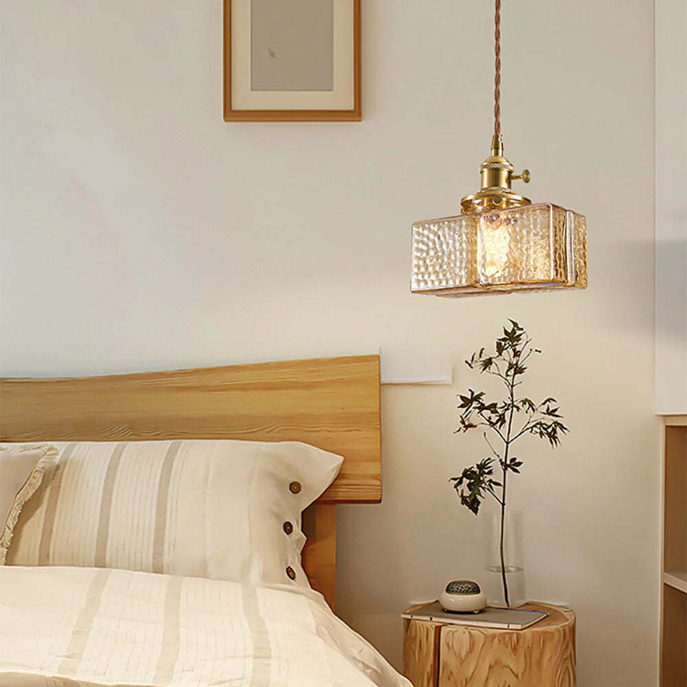 Vintage Pendant Light above Bedside Table