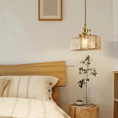 Vintage Pendant Light above Bedside Table