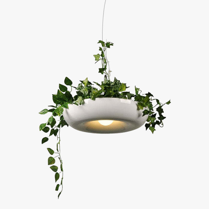 Nest pendant light with plants, modern living room lighting.