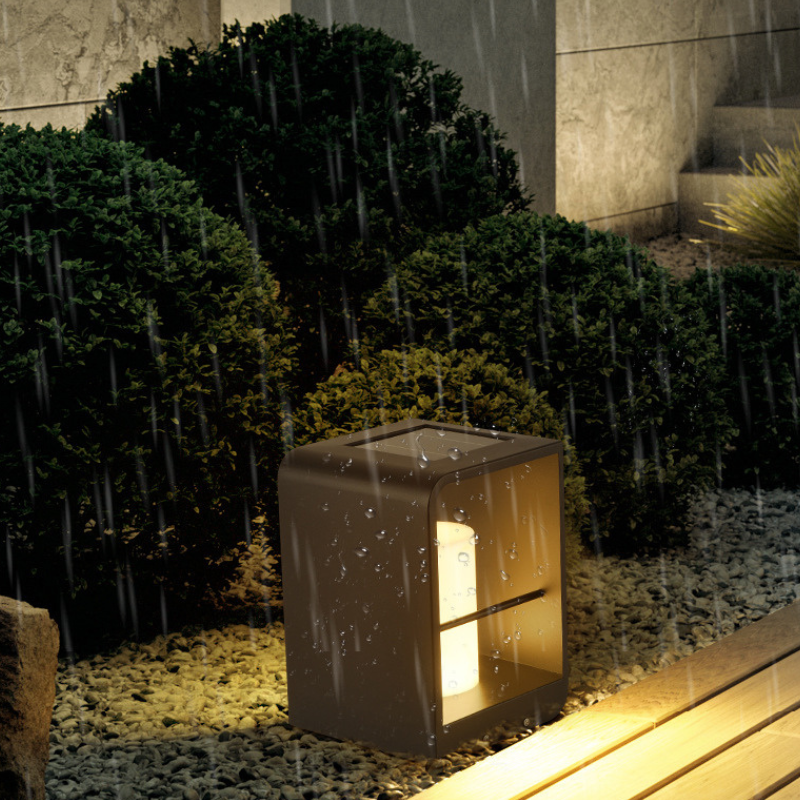 Orr minimalist outdoor floor lamp in the rain. Garden lighting. Orr Minimalist Cuboid Candle Outdoor Floor Lamp Garden