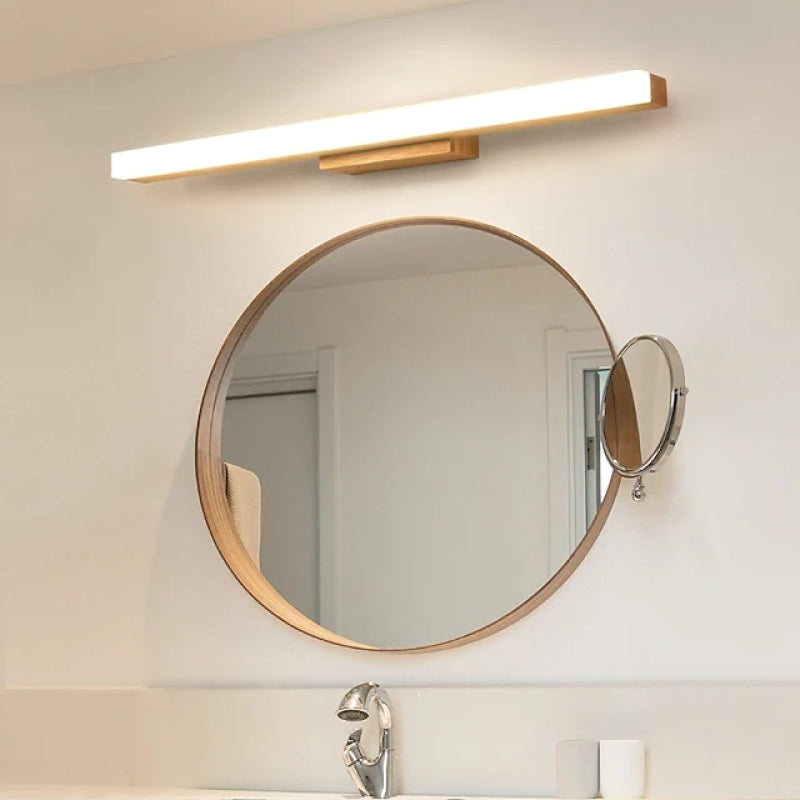 Minimalist wooden wall lamp in bathroom, above mirror
