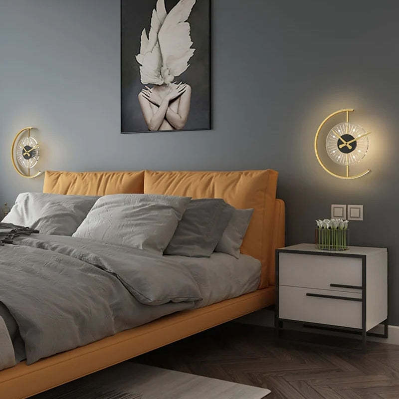 Modern clock wall lamp in bedroom, Nielsen design, bedroom interior