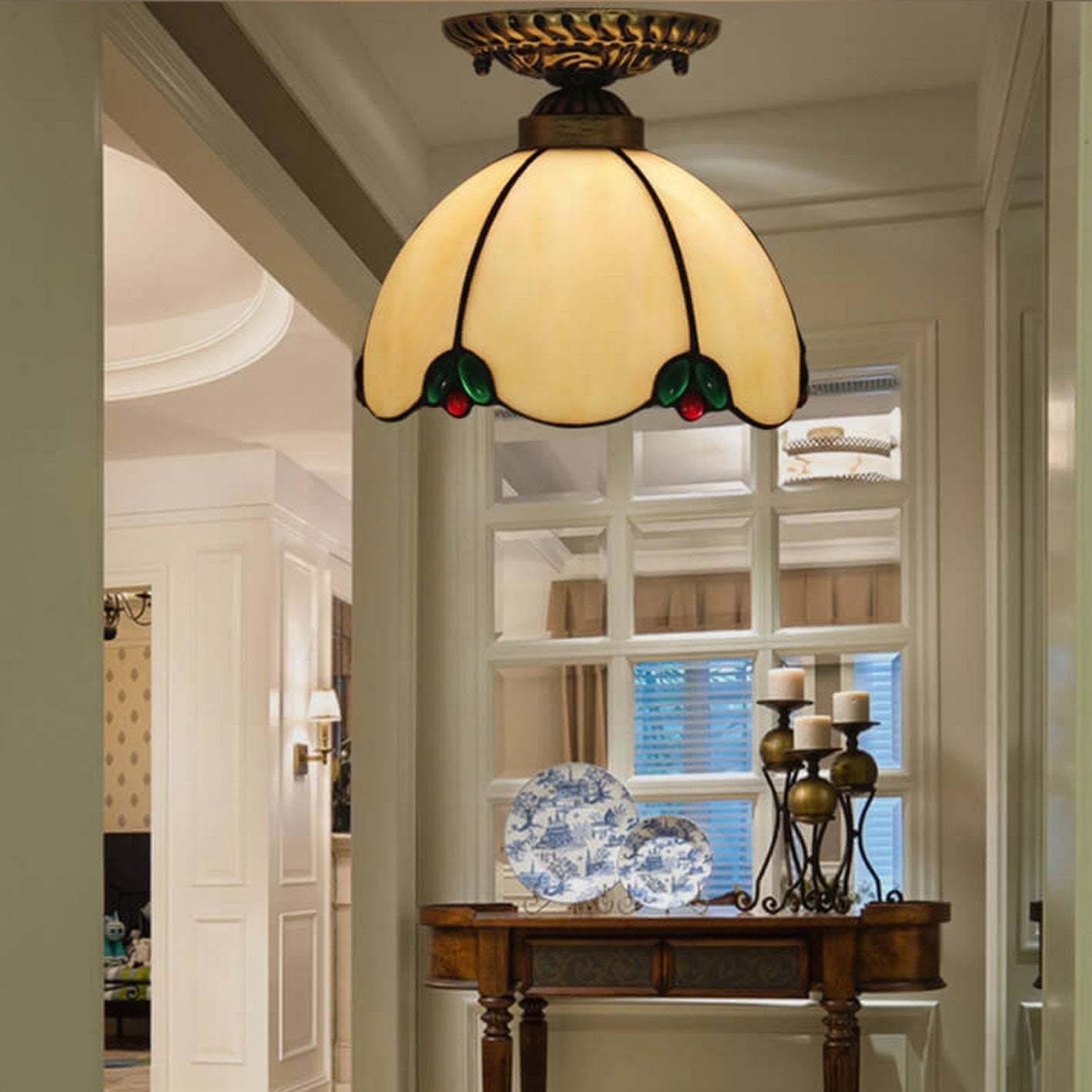 Eryn Vintage Glass LED Ceiling Light illuminating hallway