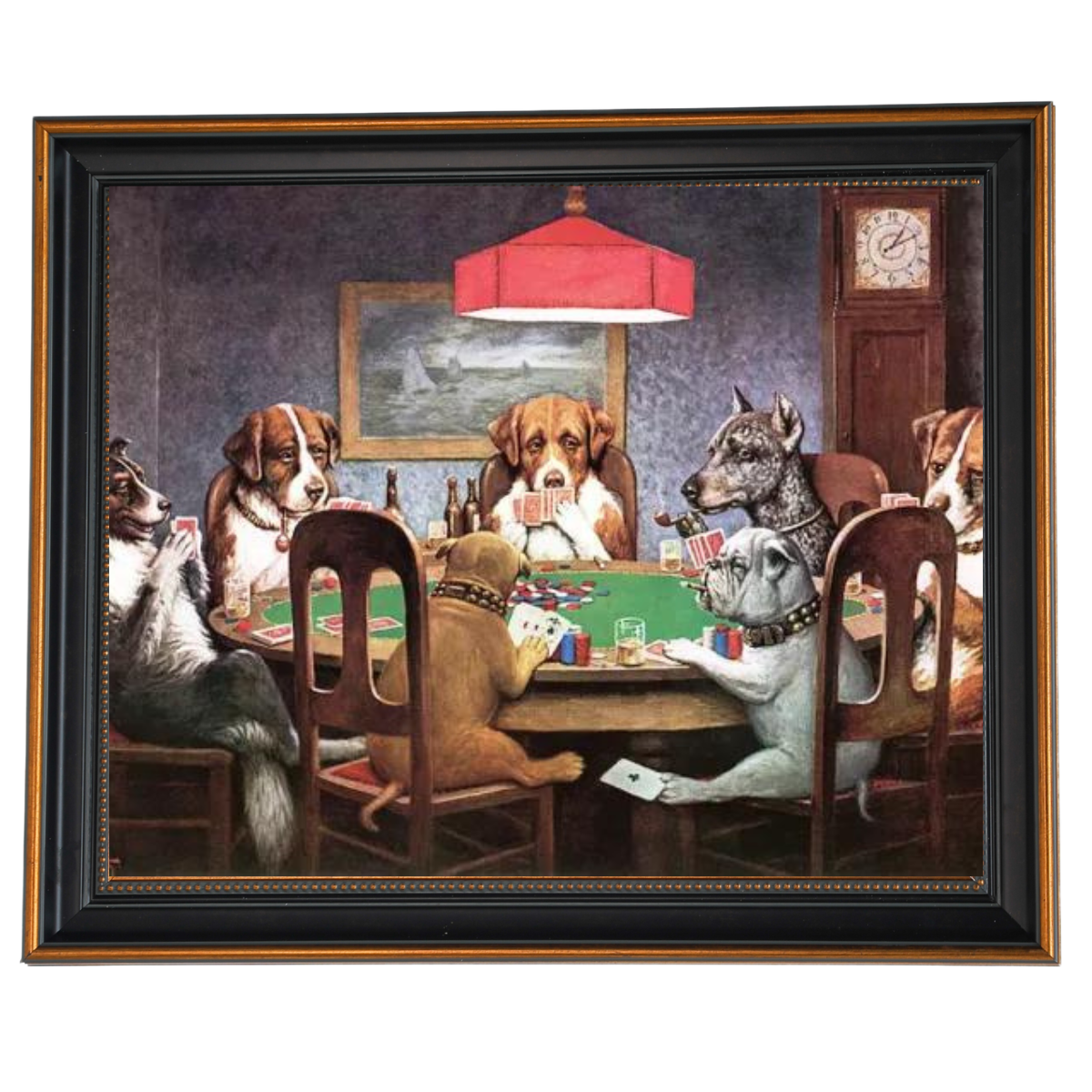 Dogs playing poker oil painting in ornate frame