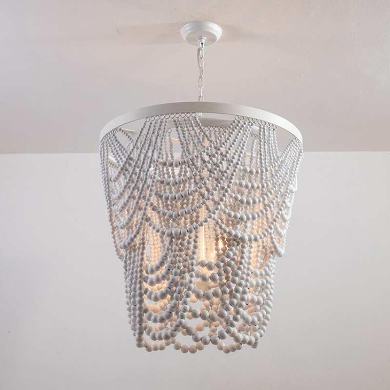White Alessio wood bead pendant light for living room