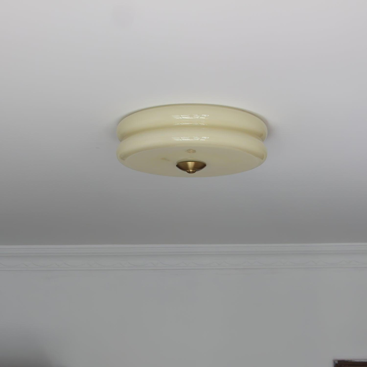 Morandi Round Flush Mount Ceiling Light, beige glass and brass detail