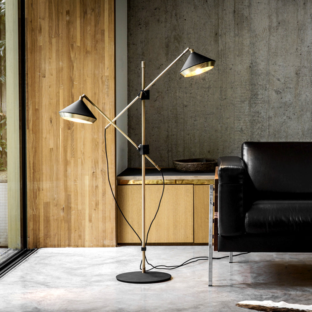 Carins floor lamp, brass and black lampshade, vintage design