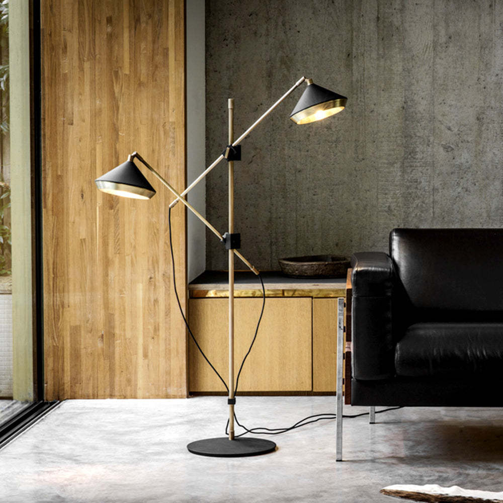 Carins floor lamp, brass and black lampshade, vintage design