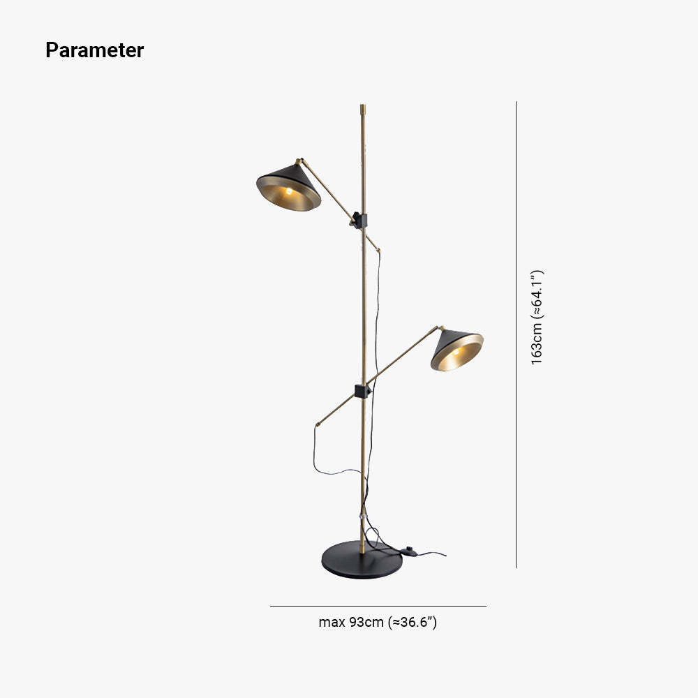 Carins brass floor lamp with adjustable lampshades, product dimensions shown