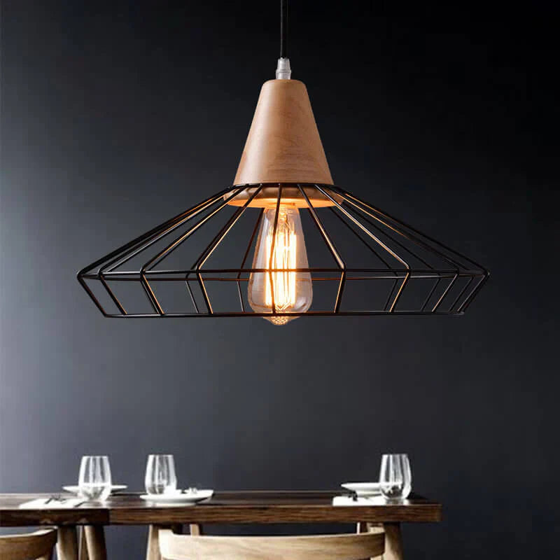 Alessio pendant light in dining room. Metal and wood fixture.