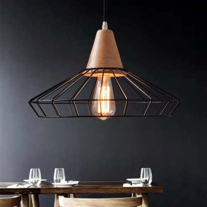 Alessio pendant light in dining room. Metal and wood fixture.