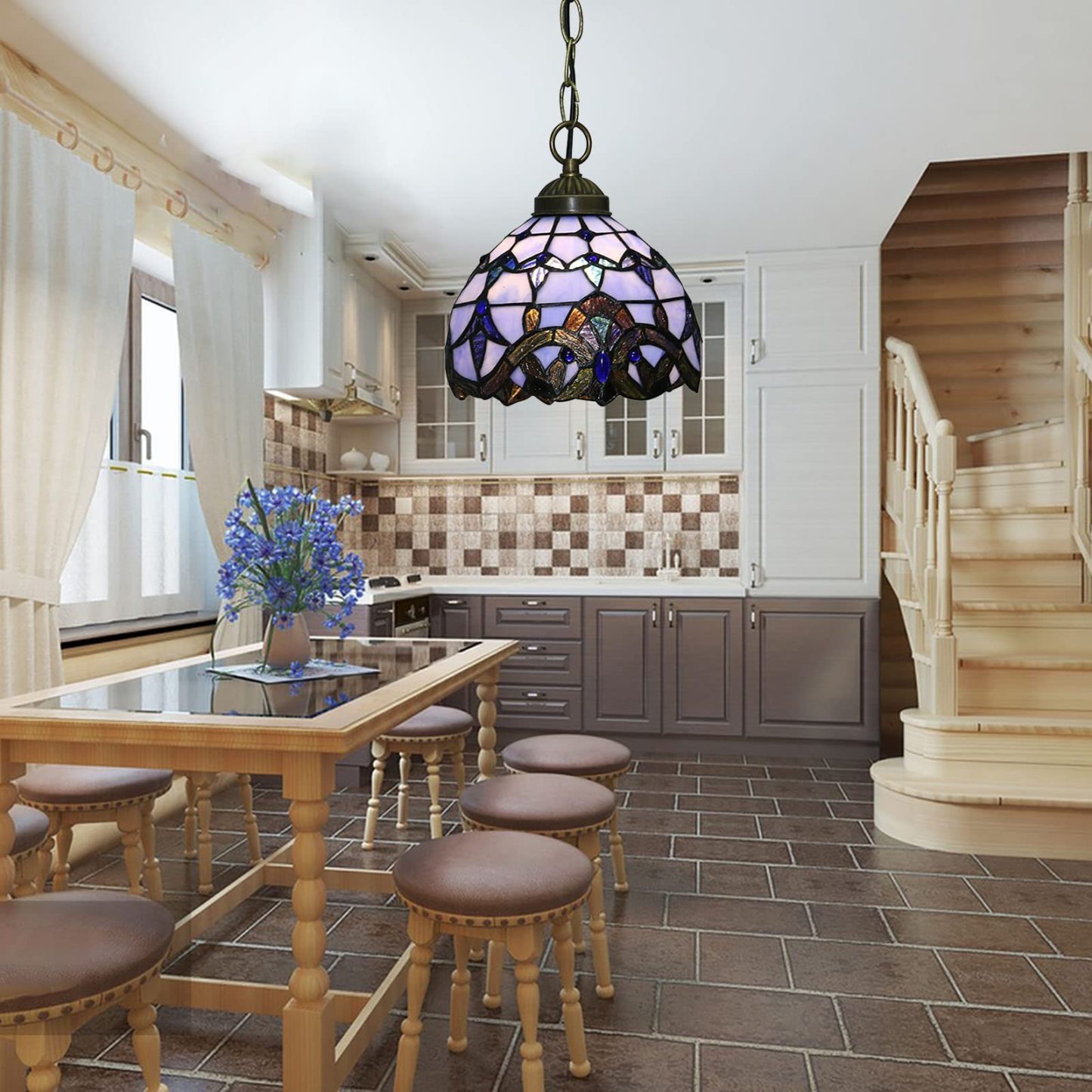 Purple Eryn pendant light over dining table