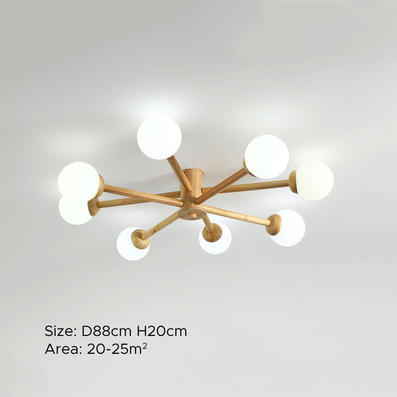 Ozawa 8-head ceiling light. Wooden frame with glass globes. Size D88cm.