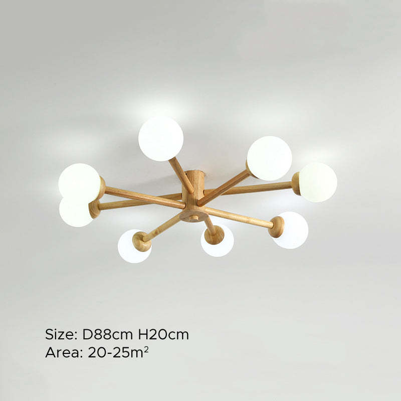 Ozawa 8-head ceiling light. Wooden frame with glass globes. Size D88cm.