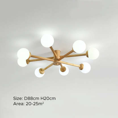 Ozawa 8-head ceiling light. Wooden frame with glass globes. Size D88cm.