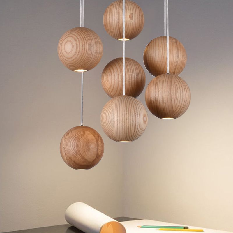 Wooden globe pendant lights cluster, minimalist lighting