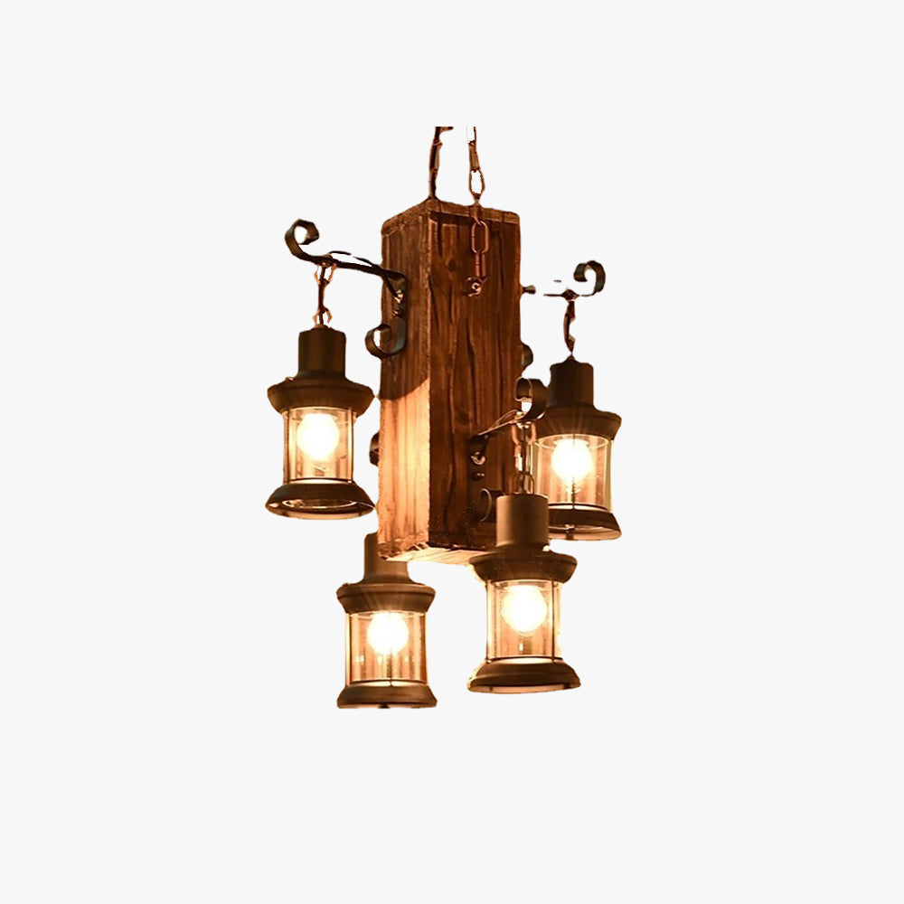 Austin Vintage Pendant Light with Wood and Metal Lanterns