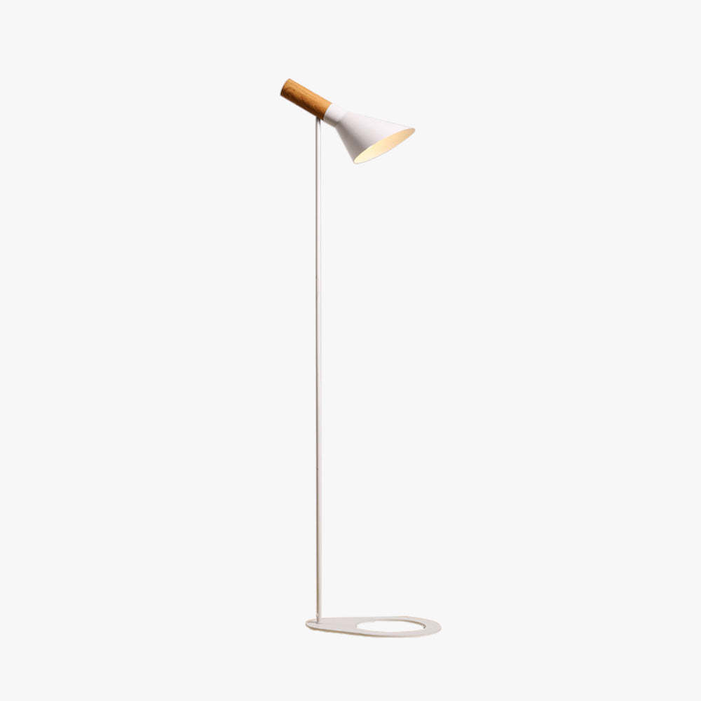 Minimalist white floor lamp with wood accent and cone shade