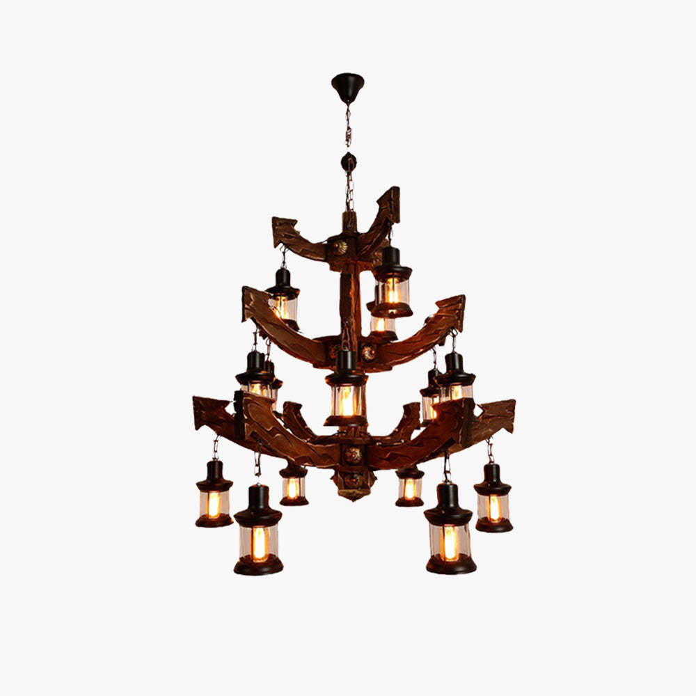 Austin Retro Lantern Chandelier - Wood and Metal Lighting