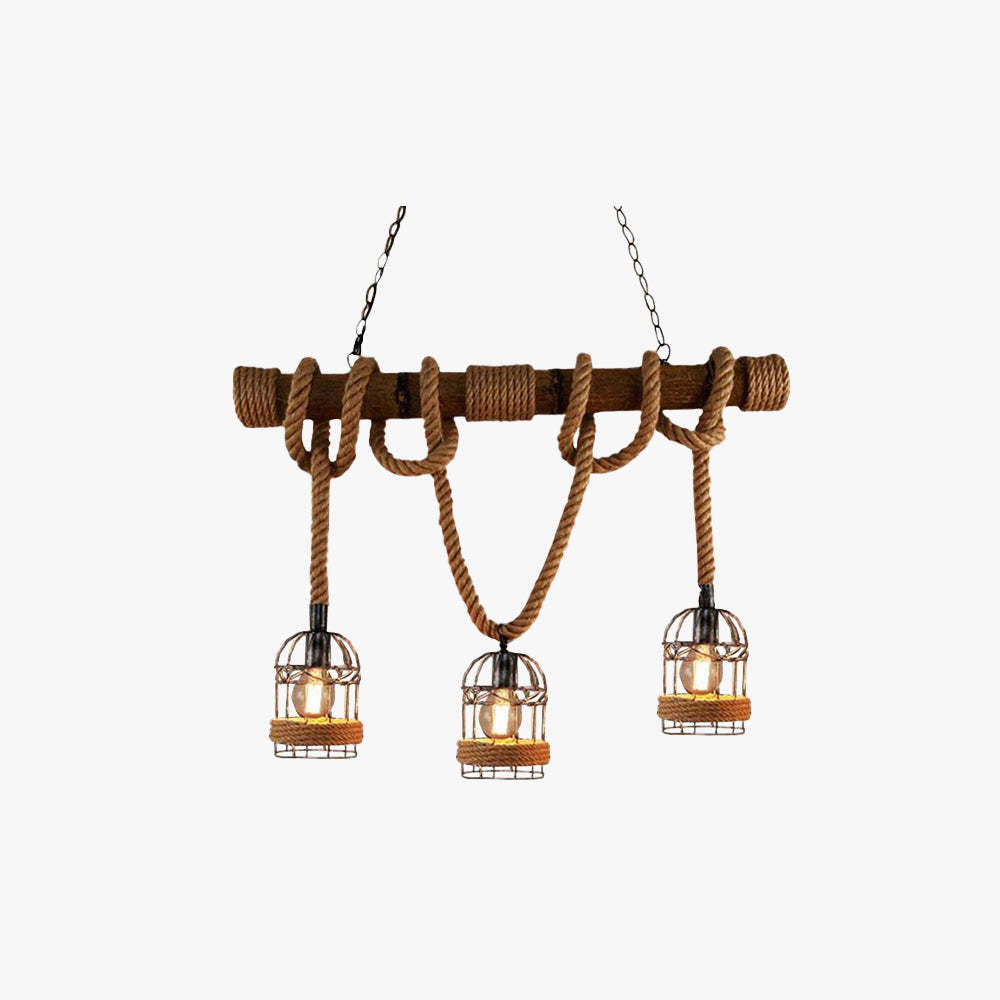 Alessio Vintage Wood Pendant Light with Hemp Rope & Metal Cages