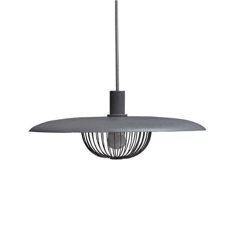 Gray Cairns pendant light with metal cage detail.